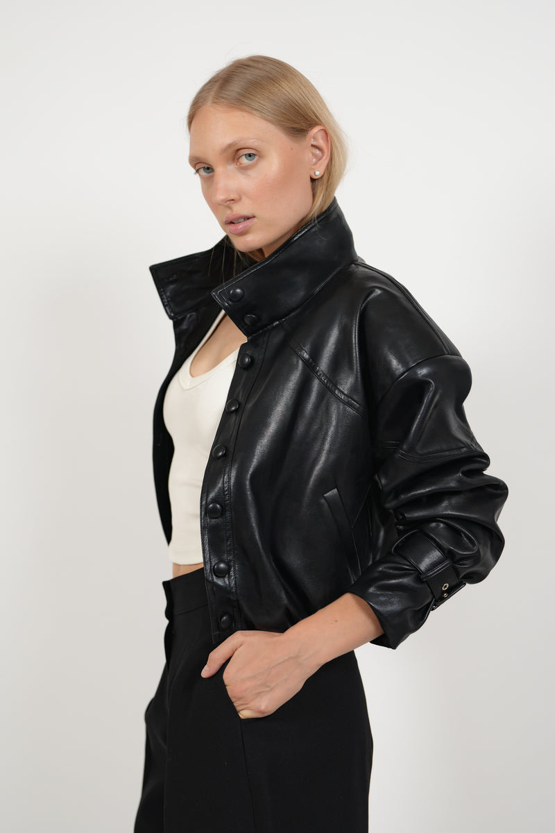 HARLOW LEATHER BOMBER - BLACK