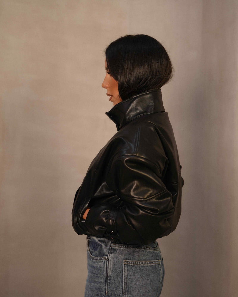 LEATHER BOMBER JACKET - BLACK