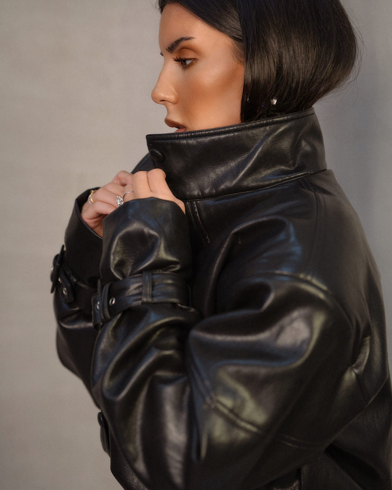 LEATHER BOMBER JACKET - BLACK