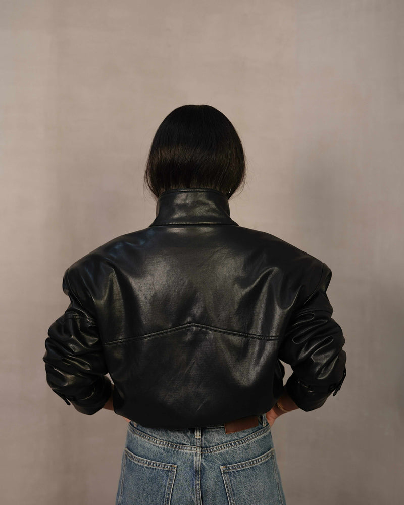 LEATHER BOMBER JACKET - BLACK