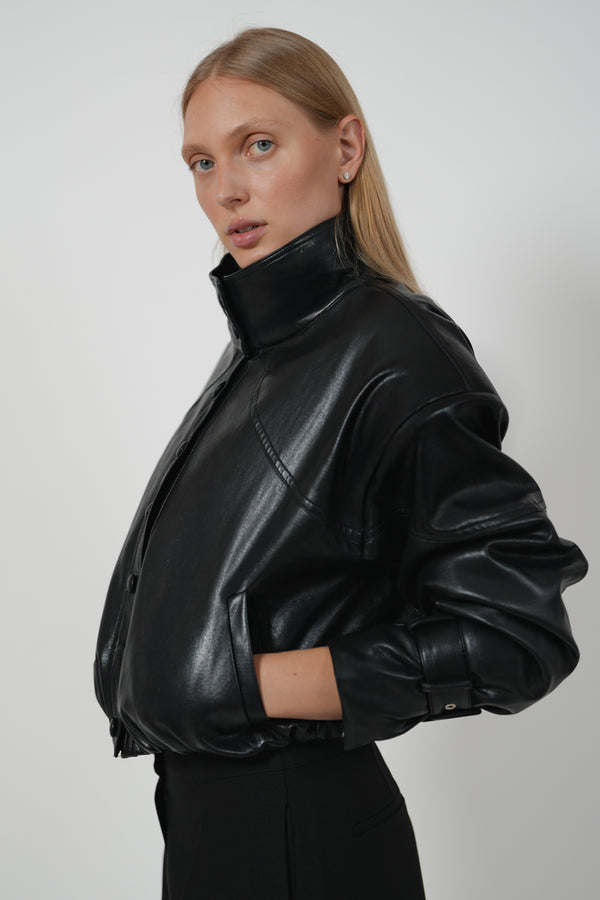 HARLOW LEATHER BOMBER - BLACK