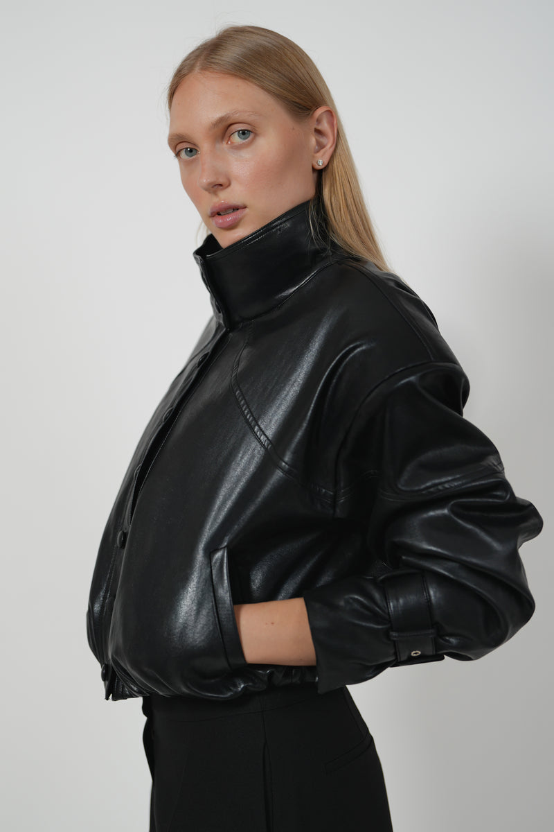 HARLOW LEATHER BOMBER - BLACK